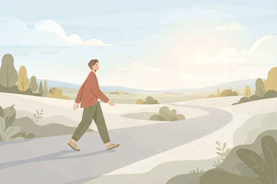 Una persona camina tranquilamente por un camino abierto entre colinas, bajo un cielo despejado.