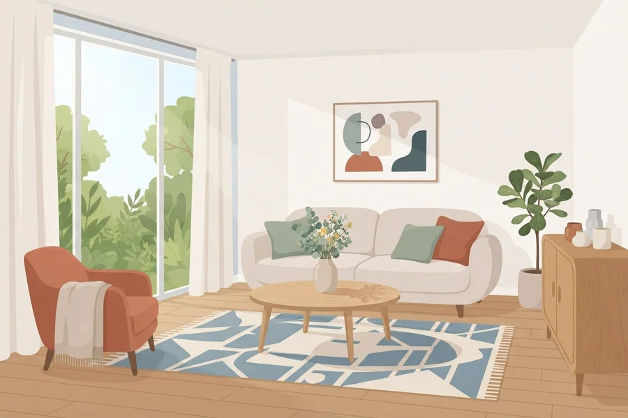 Illustration of a bright living room in full daylight, with a light sofa, an orange armchair, and a lush green view through the window.
