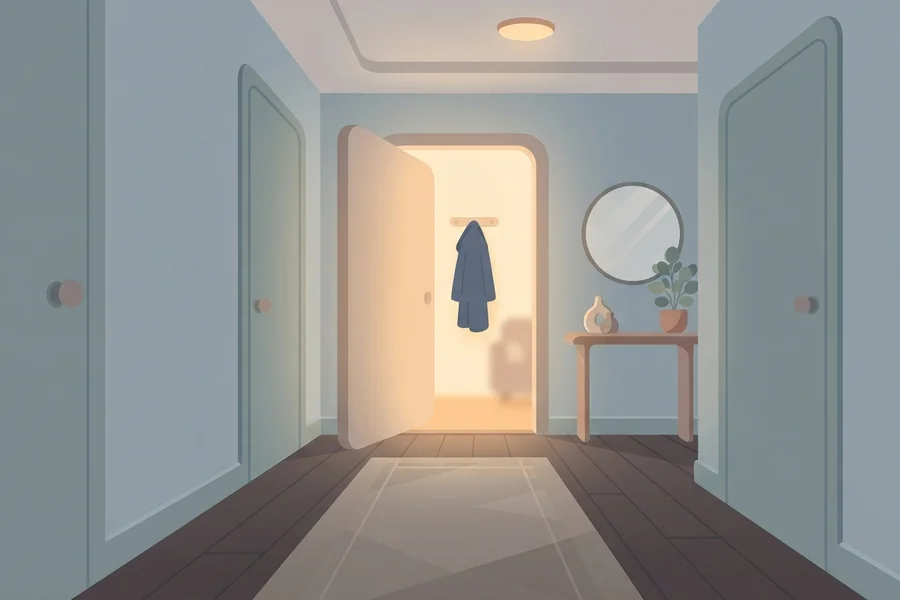Ilustración de una puerta abierta de par en par al final de un pasillo, con un abrigo colgado y luz cálida entrando desde la habitación, imagen para el resultado de señales mínimas de ansiedad social.