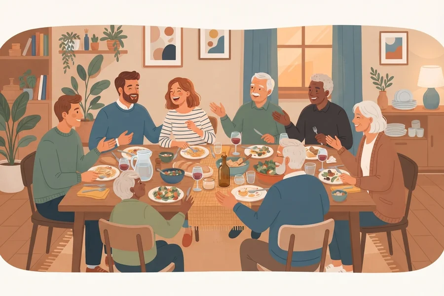 Un grupo grande de personas de distintas edades riendo y conversando alrededor de una mesa con comida.