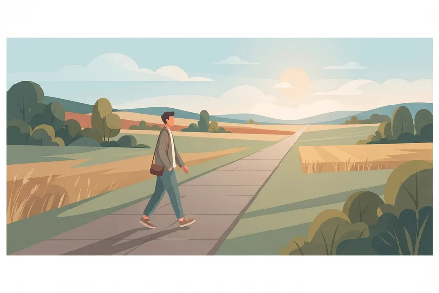 A person walking easily along an open path through sunlit fields.