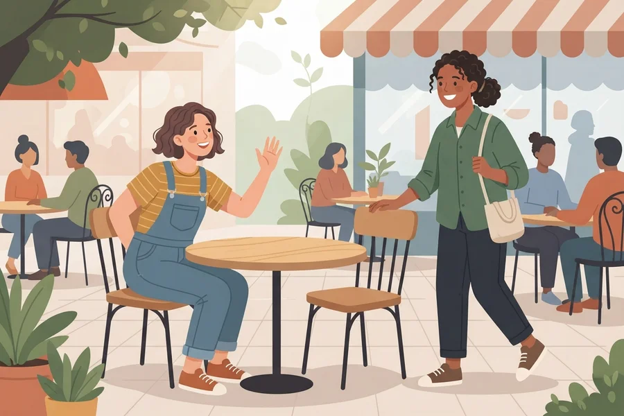 Two people greeting each other warmly at an outdoor café table, surrounded by other diners.