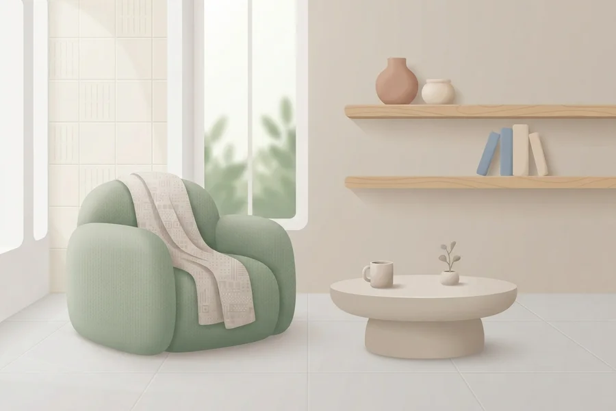 Ilustración de un sillón verde con una manta lisa, sin ningún patrón visible, junto a una estantería con libros — imagen para el resultado de señales de autismo mínimas.