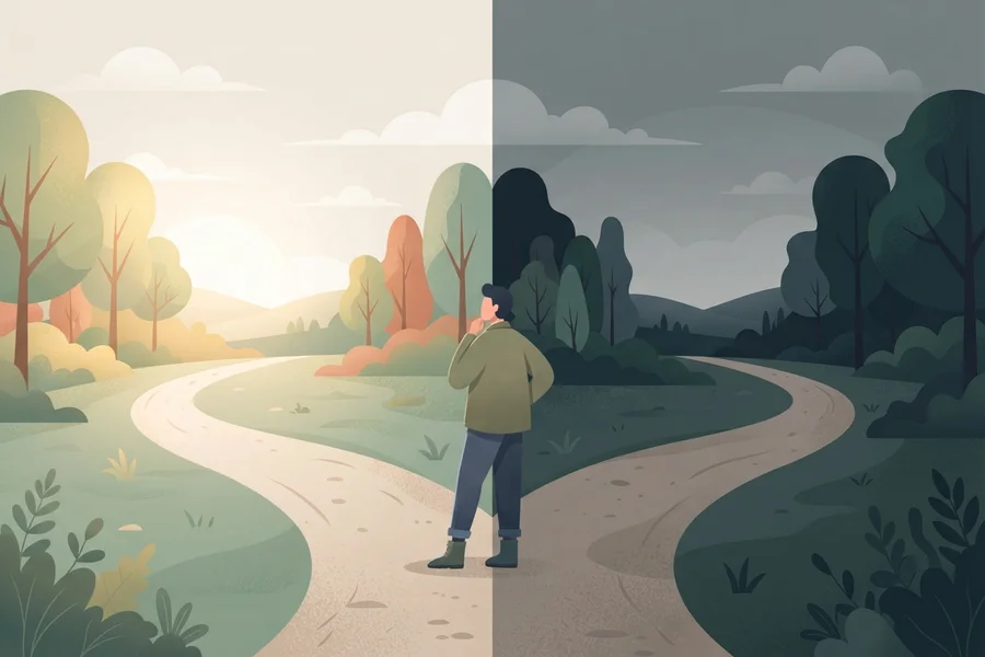 A person standing where a path splits into a bright side and a shadowed, overcast side