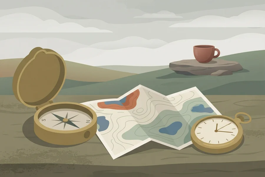 An open compass and a pocket watch beside a single cup resting on a rock in an open landscape.