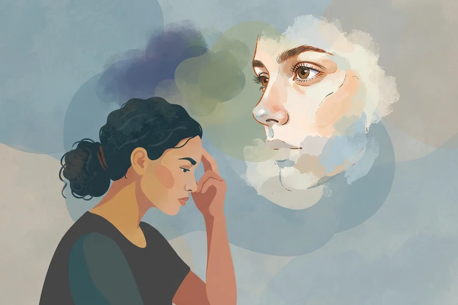 A woman with her hand at her temple, a soft, semi-formed watercolor portrait of a face taking shape beside her.