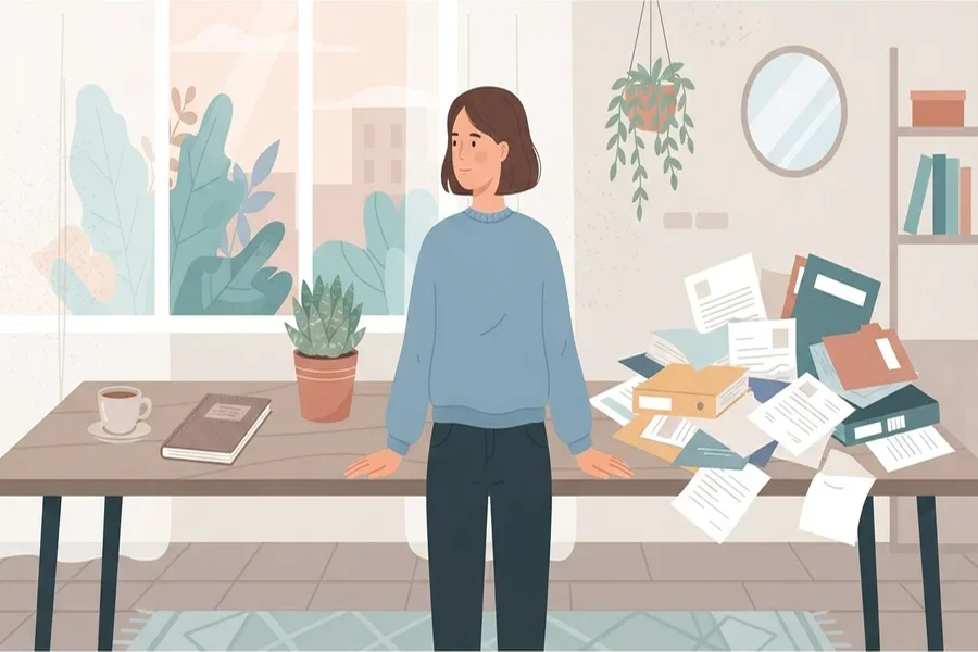 Una persona de pie junto a una mesa de trabajo, con una pila de papeles y carpetas a un lado.