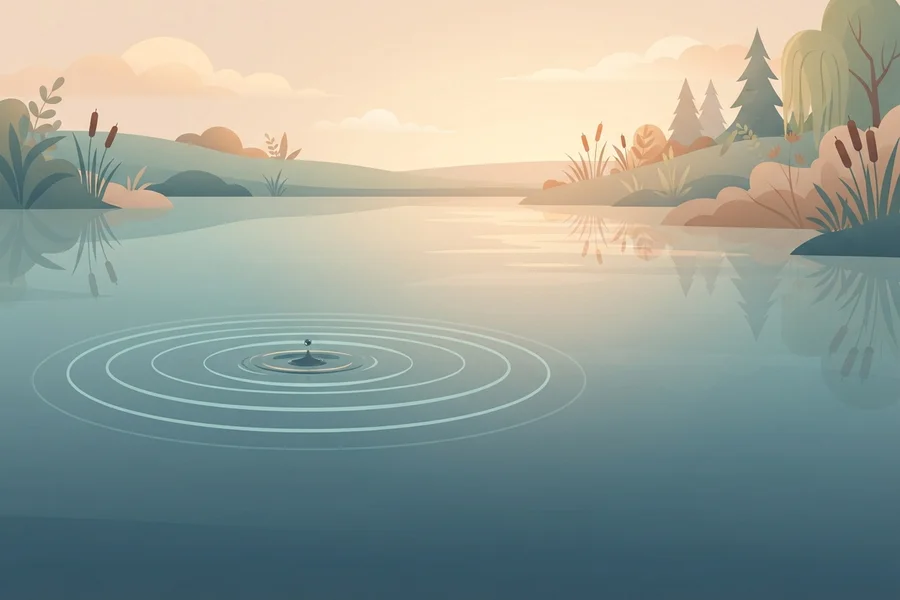 Ilustración de una gota cayendo sobre un lago en calma y formando pequeñas ondas concéntricas, con juncos y pinos en la orilla al atardecer.
