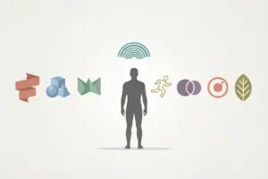 A silhouette of a person surrounded by eight small icons — a ribbon, geometric shapes, a folded map, an arc, a running figure, overlapping circles, a target-like circle, and a leaf — representing different areas of skill and interest.