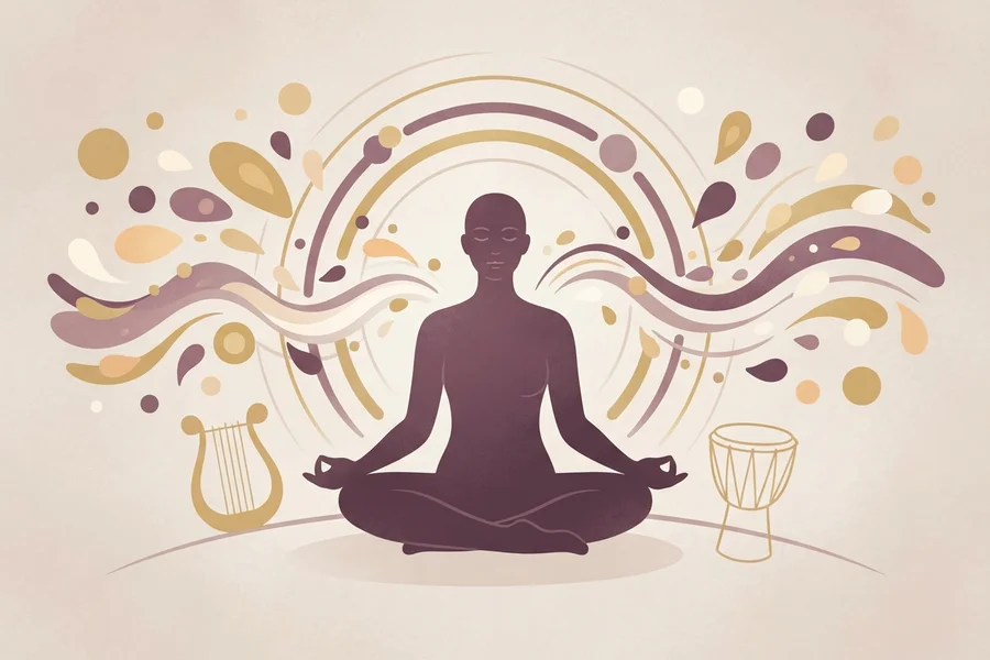 Persona sentada en posición de meditación entre ondas de color, con una lira y un tambor a los lados.