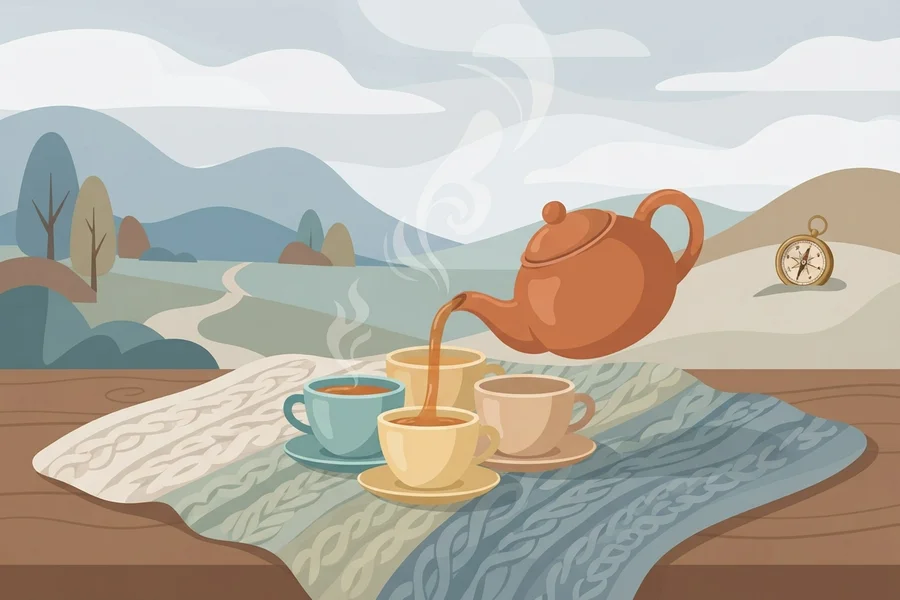 A teapot pouring tea into four colorful cups on a blanket outdoors.