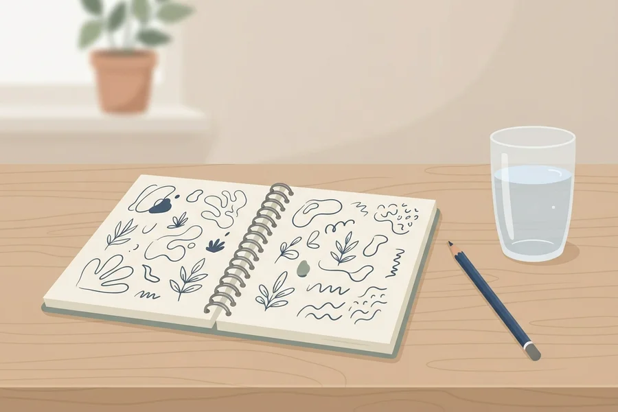 An open sketchbook with doodles next to a glass of water on a wooden desk.