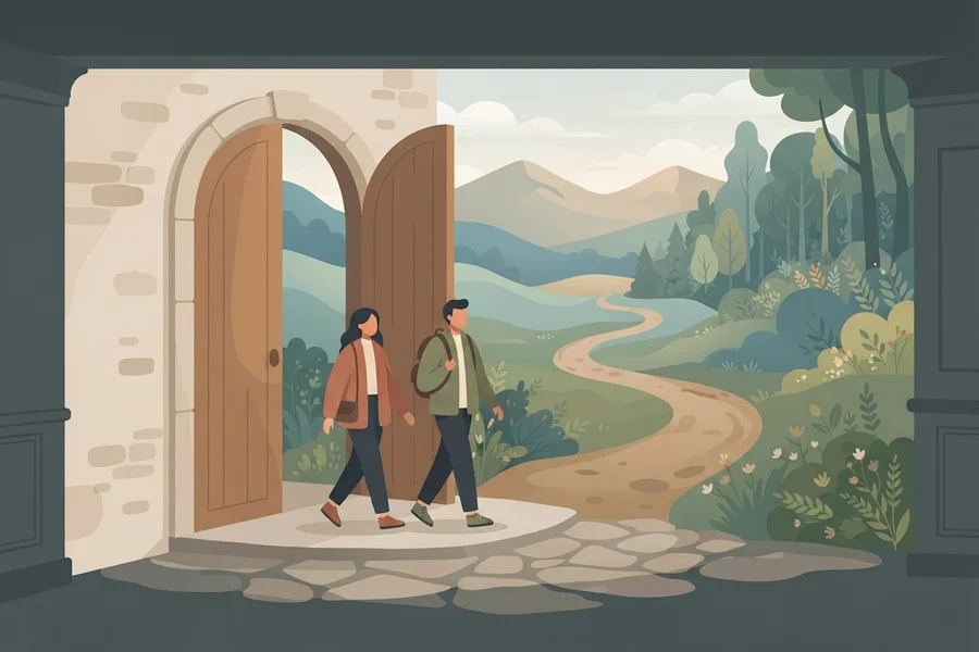 Two people walking out through open double doors onto a calm forest path.