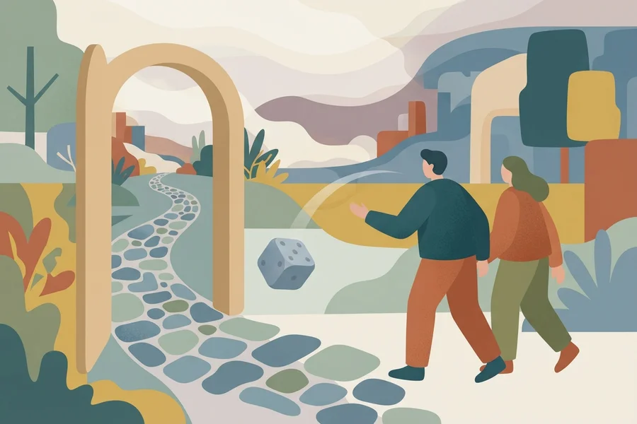 Two people walking together through a stone archway toward a rolling path, a die on the ground beside them.