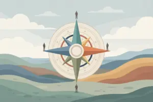 A large illustrated compass with four people standing at its North, South, East, and West points, above rolling hills.