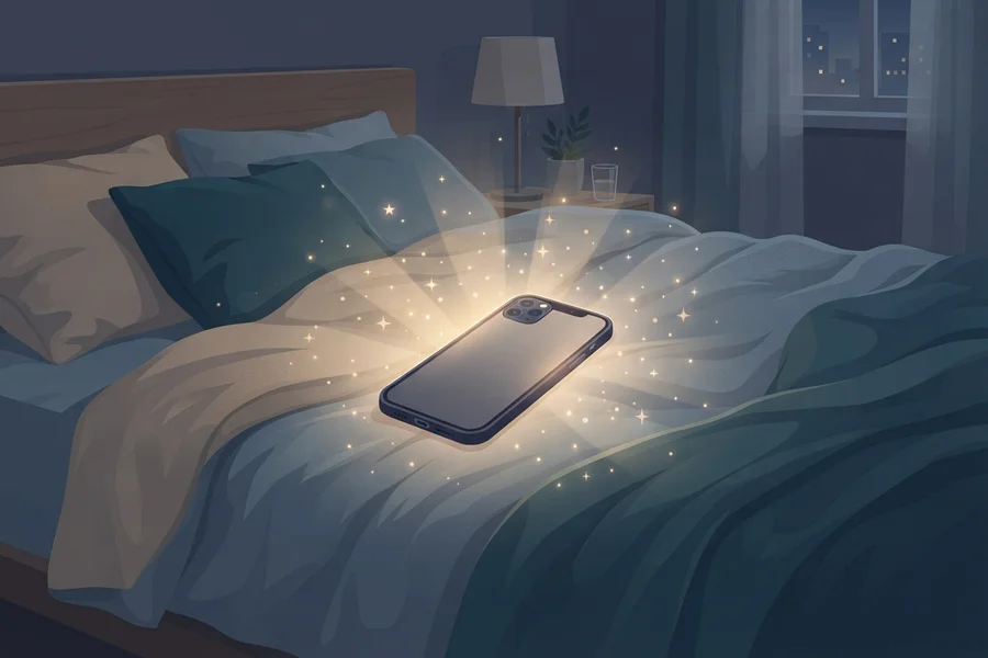 A phone lighting up with a soft glow and sparkles on a bed at night.