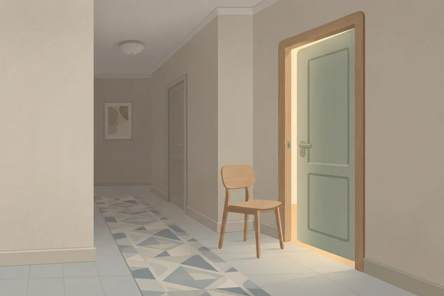 Ilustración de un pasillo con una silla de madera colocada junto a una puerta entreabierta, imagen para el resultado de señales perceptibles de ansiedad social.