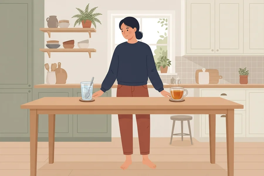 Una persona de pie junto a una mesa de cocina, con un vaso de agua y una taza de té, con gesto pensativo.