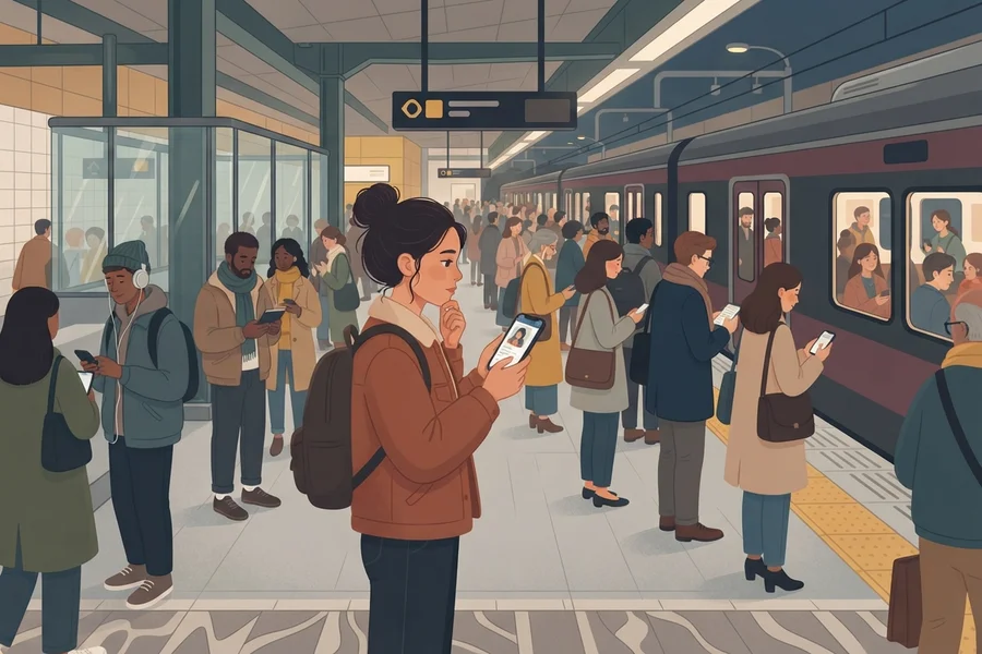 A crowded subway platform with people checking their phones while a train waits at the doors.