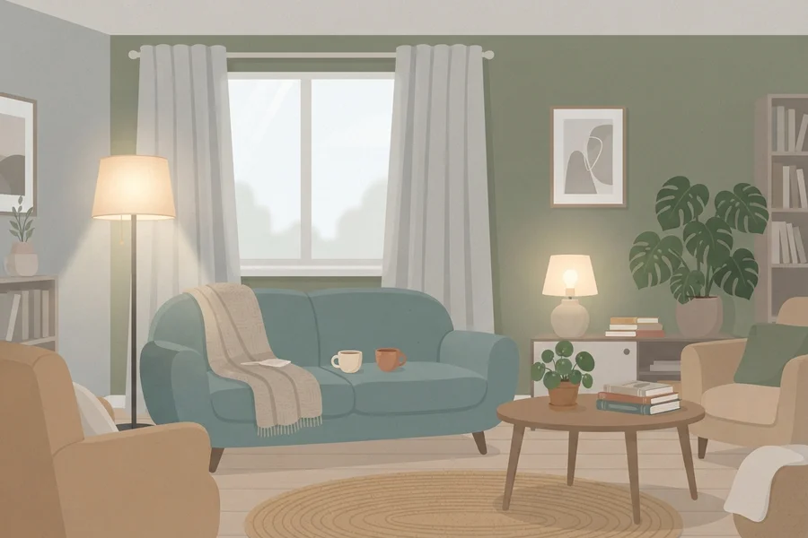 Illustration of a living room at dusk with sage-green walls, a teal sofa holding two mugs, and both a floor lamp and table lamp switched on.