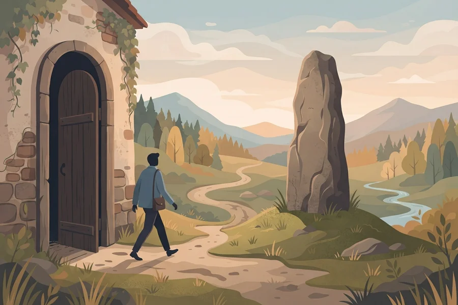 A solo figure walking a quiet path toward an old stone doorway and a standing marker.