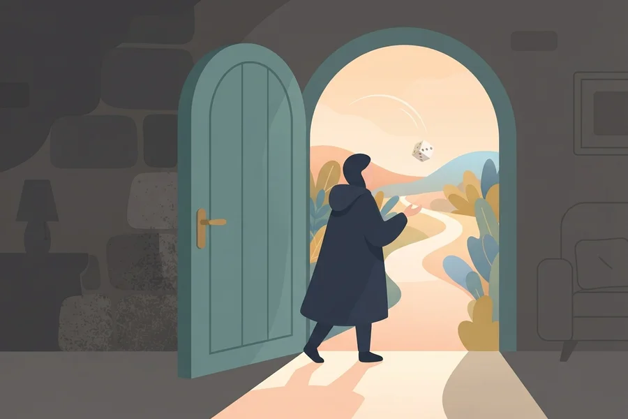 A solo figure stepping through an open doorway into daylight, tossing a die ahead of them.