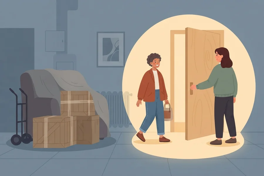 A woman opening her door and smiling at a neighbor arriving with a bag, moving boxes waiting nearby