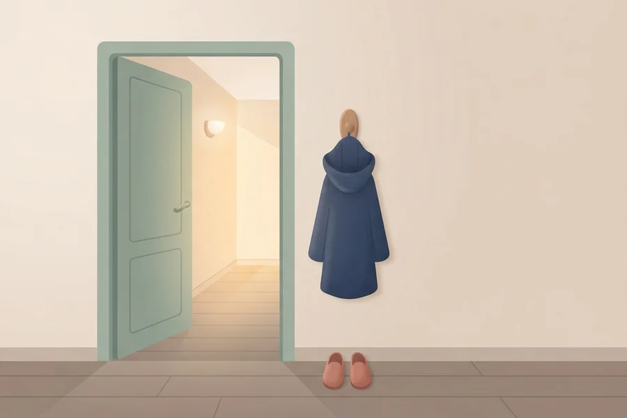 Ilustración de una puerta abierta con un abrigo colgado en la pared y unas zapatillas en el suelo, junto a la entrada de una habitación iluminada, imagen para el resultado de señales ocasionales de ansiedad social.