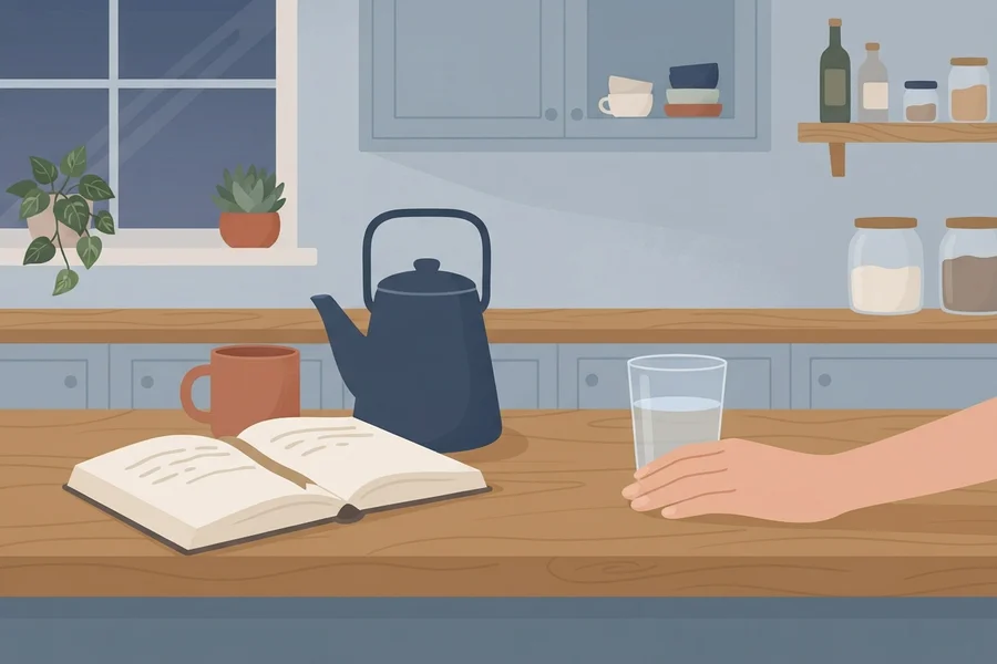 Una cocina con una tetera, una taza, un libro abierto y una mano acercándose a un vaso de agua.