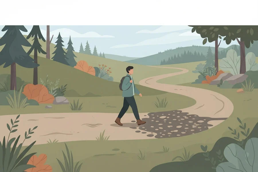 A person walking along a quiet path that crosses one rougher, wet stretch of gravel.