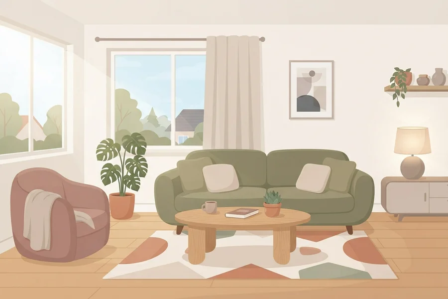 Illustration of a living room in daytime light with a green sofa, a rose-colored armchair, and a lamp already switched on beside the window.