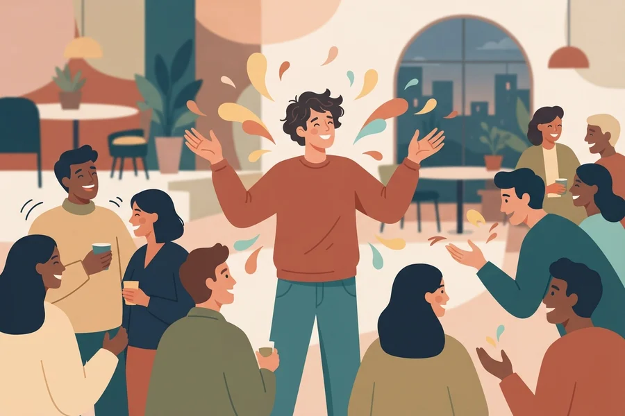 Ilustración de una plaza soleada y abierta, símbolo de la sociabilidad serena