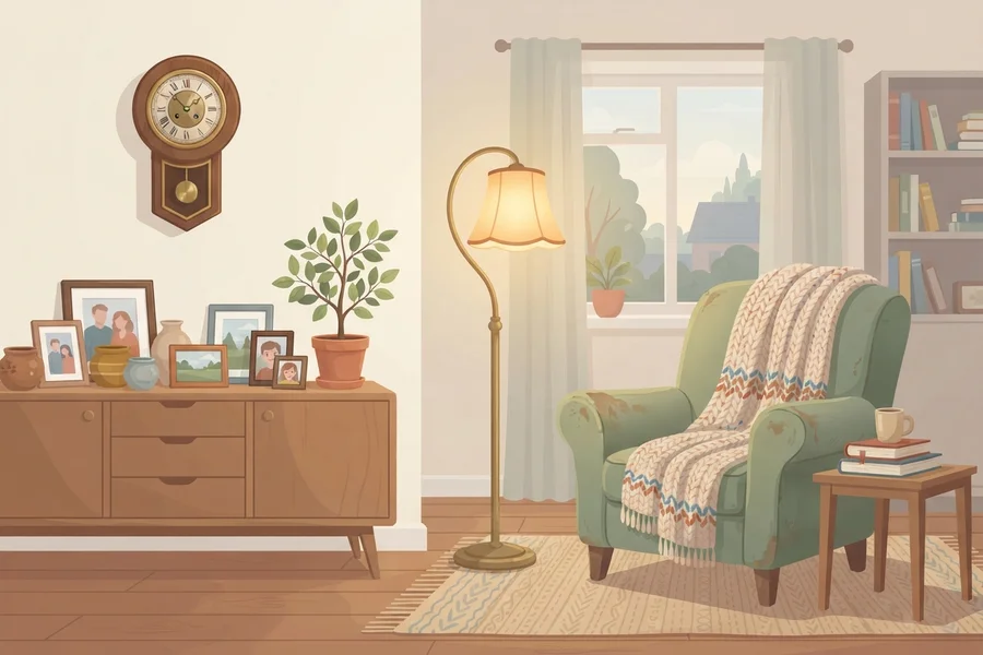 Ilustración de un salón con un reloj de pared de péndulo, un aparador con varios marcos de fotos familiares, una lámpara de pie encendida y un sillón con una manta de punto junto a una ventana con vistas a un jardín.