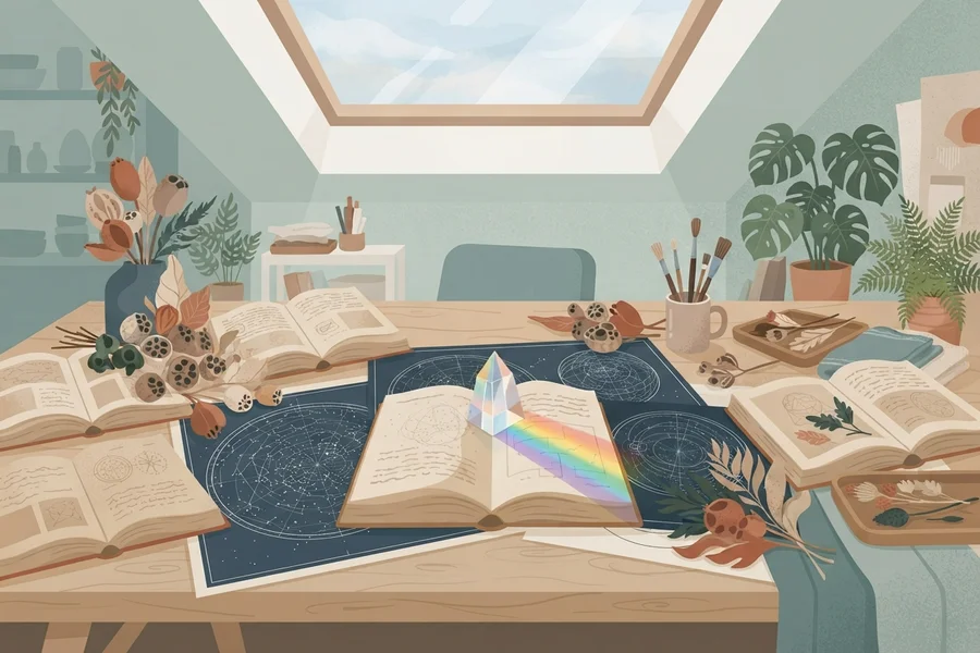 Письмовий стіл із розгорнутими книжками, зоряними картами й кристалом, що розкладає світло у веселку.