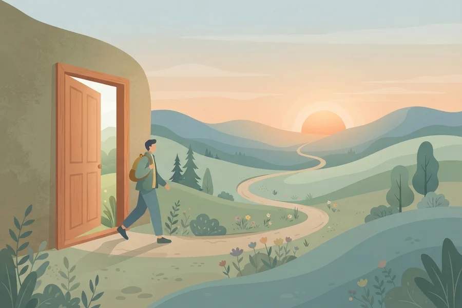 Illustration of a person walking out through an open door onto a winding path toward a sunrise.