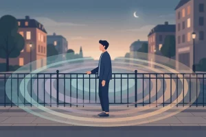 Illustration of a man pausing at a railing at dusk, encircled by rippling, wave-like rings.