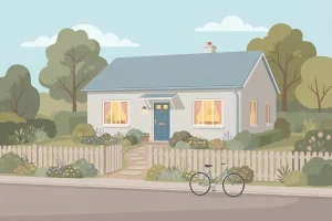 Illustration of a house behind a low white picket fence with an open gate, a garden path, and a bicycle parked on the street outside.