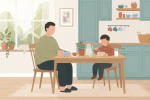 A parent and child eating breakfast together at the kitchen table.