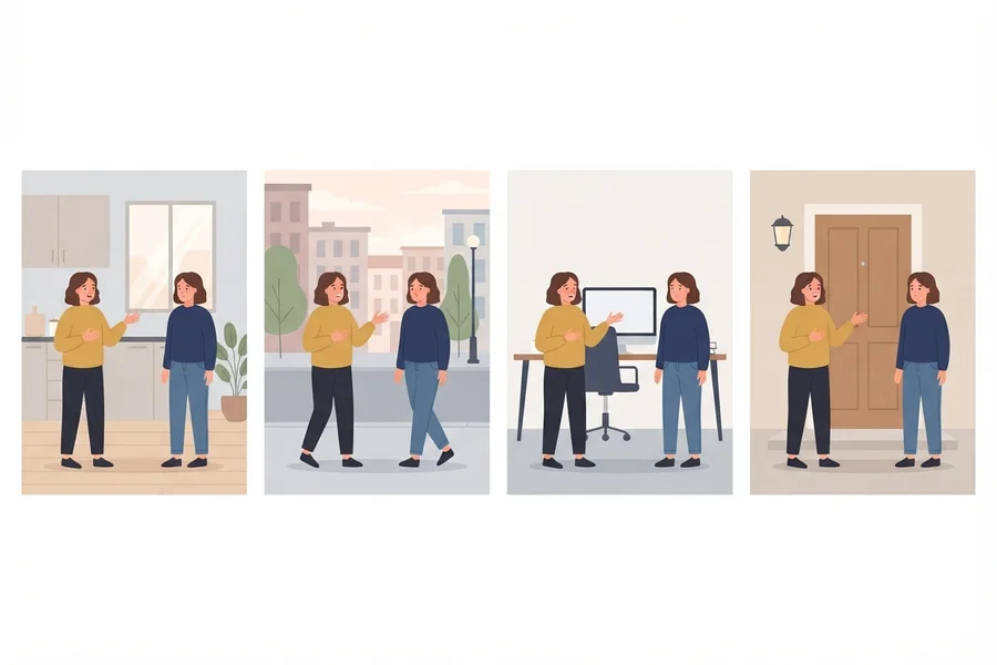 Four scenes of the same two people having a similar exchange in different everyday settings