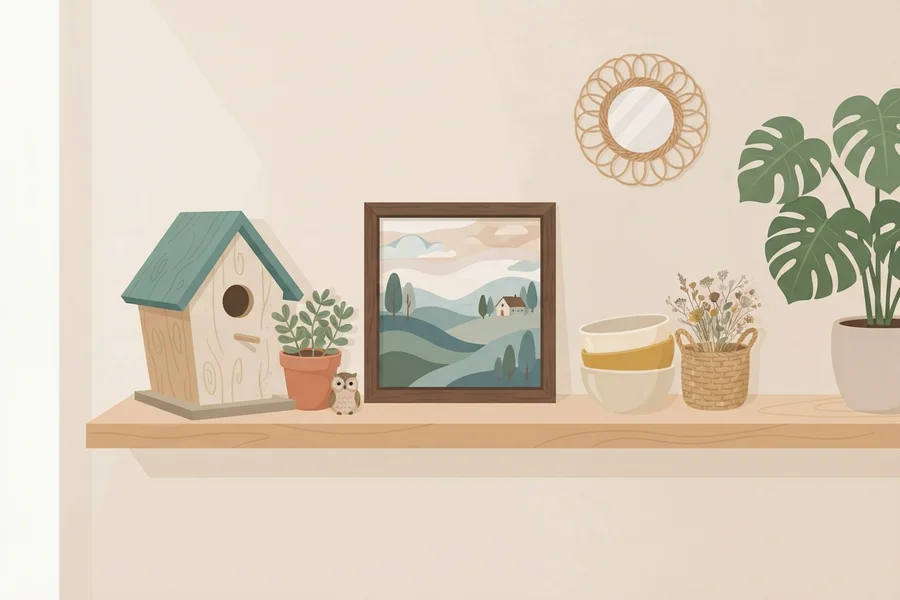 A handmade birdhouse and a framed landscape painting displayed together on a home shelf.