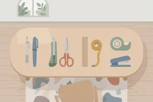 Illustration of a desk seen from above, holding a neat row of office and craft tools laid out side by side.