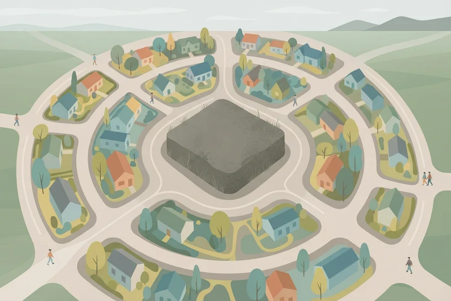 An aerial view of a town built in circular rows of houses around a large paved, empty central area.