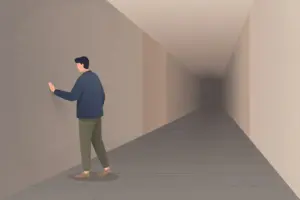 A person standing at the edge of a long, dim corridor, one hand resting against the wall.