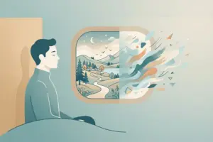 A person with eyes closed beside a window-shaped frame, one half showing a calm landscape and the other half dissolving into abstract swirling shapes.