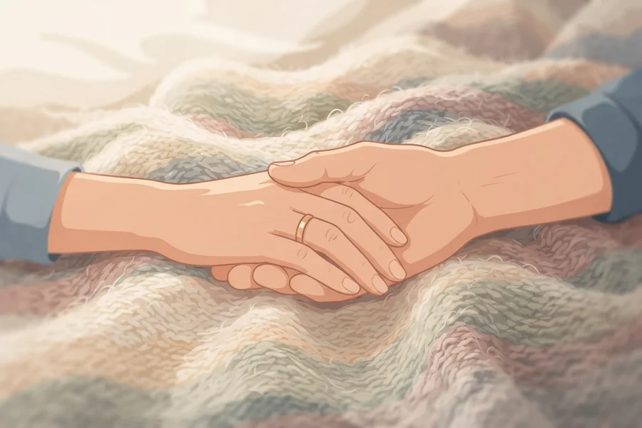 Two hands clasped together, resting on a soft woven blanket.
