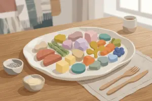 Illustration of a plate piled with a wide mix of different colorful foods on a wooden table.