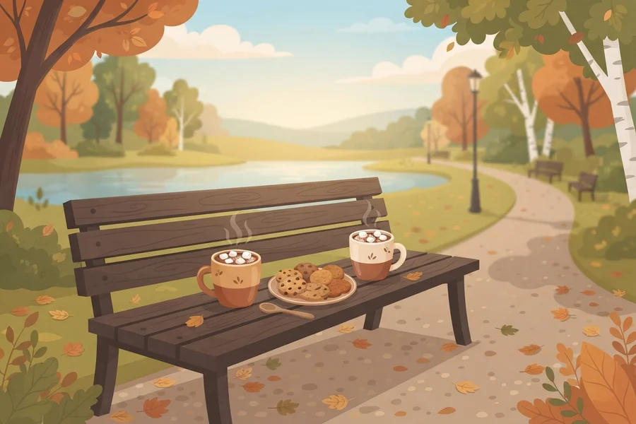 Two mugs of hot cocoa and a plate of cookies on a park bench by a lake in autumn.