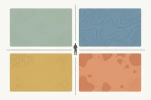 A small figure standing where four differently patterned quadrants meet