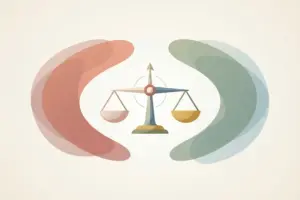 A pair of scales at the center of an illustration, flanked by two curved shapes in warm and cool colors.