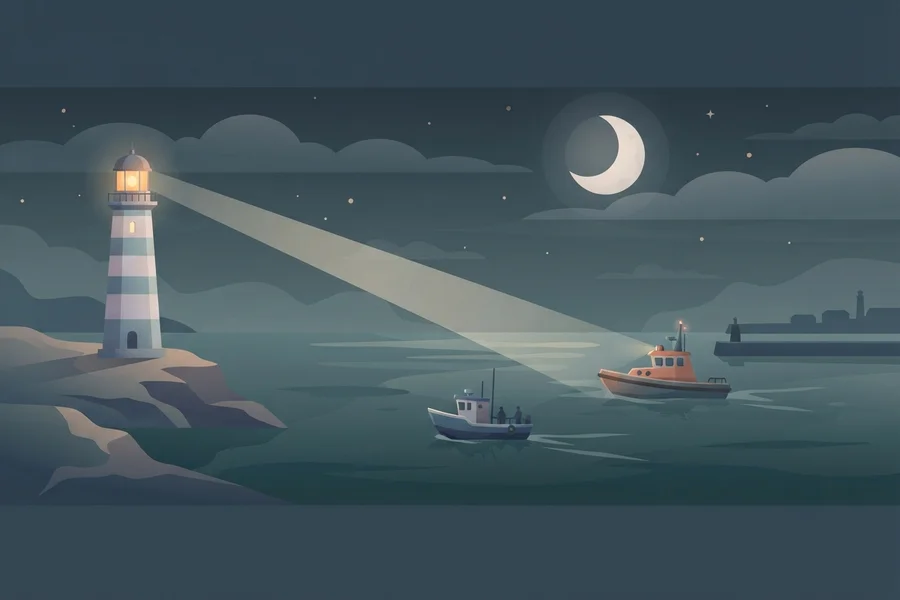 A lighthouse beam guiding boats across dark water at night.